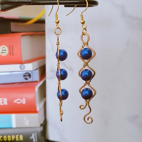 Earrings - Blue Beads Wrapped in Brass - Picture 1 of 4